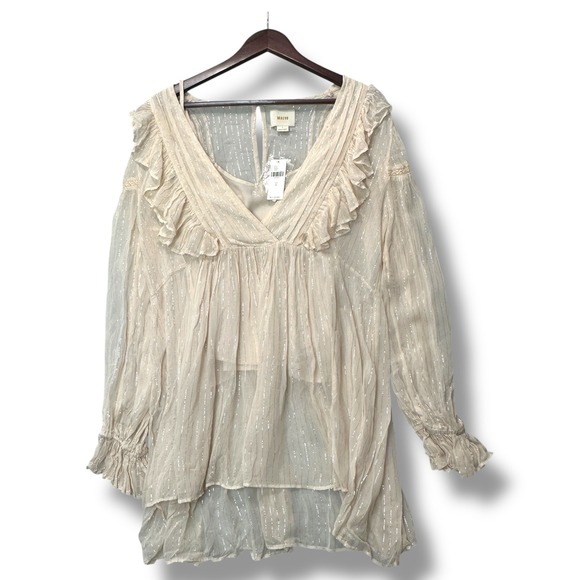 Maeve Anthropologie Ruffle Tunic Blouse Top Size 6 Beige Metallic Stripes NEW - Picture 1 of 8
